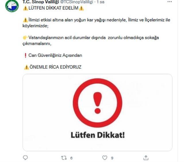 Sinop Valiliği'nden 'sokağa çıkmayın' çağrısı Sinop Valiliği'nden 'sokağa çıkmayın' çağrısı