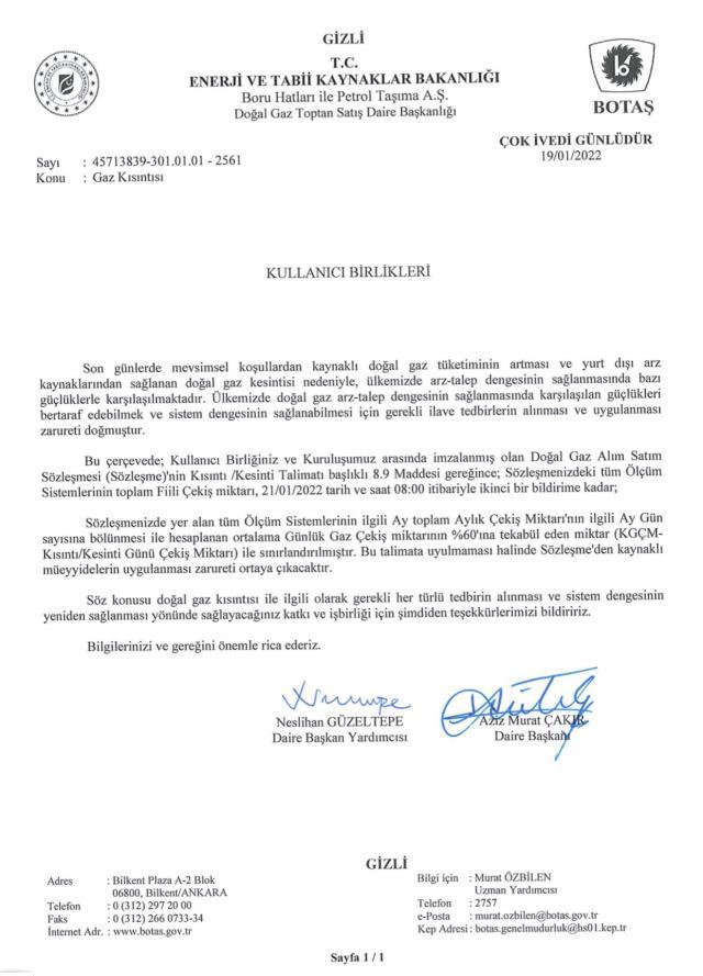 BOTAŞ'ın gönderdiği gizli mektup ortaya çıktı! Sanayicinin gazı kesiliyor, fabrikalar kapanabilir