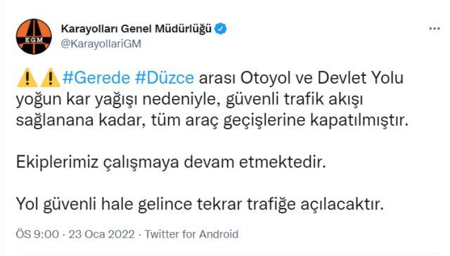 Son Dakika: İstanbul-Ankara TEM ve Devlet Yolu, Gerede-Düzce arası kesim yoğun kar yağışı nedeniyle tüm araç geçişlerine kapatıldı