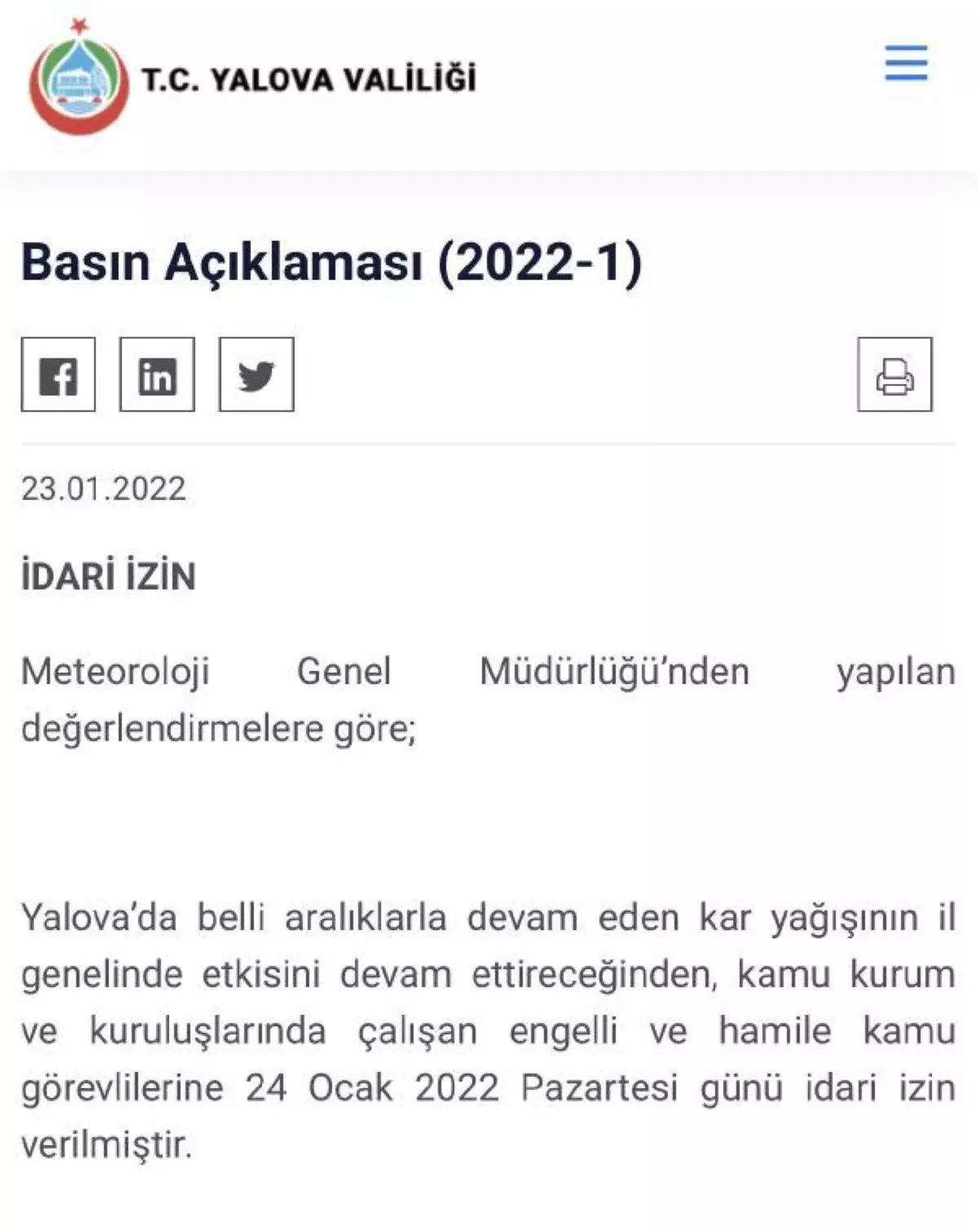 Yalova'da engelli ve hamile kamu personeline 1 gün idari izin