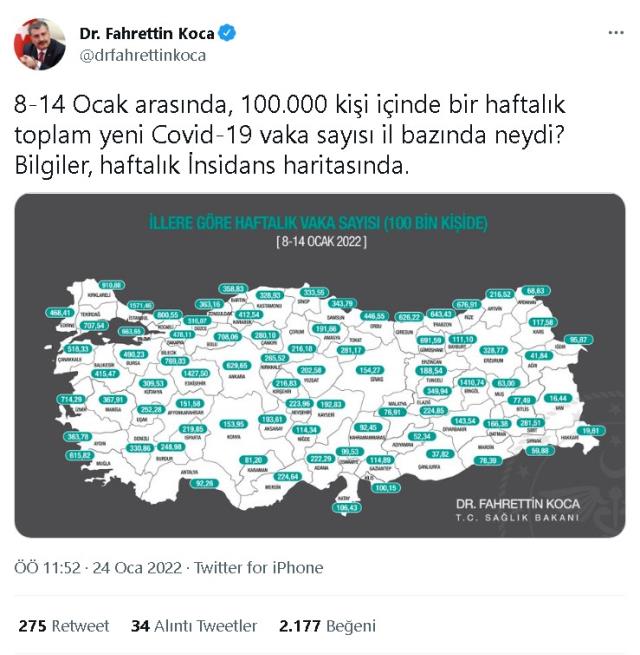 İl il koronavirüs vaka sayıları kaçtır? 8-14 Ocak İl il güncel koronavirüs risk haritası ve haftalık vaka sayıları açıklandı mı?