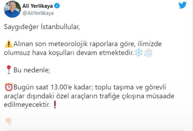 İstanbul'da özel araçlar saat 13.00'e kadar trafiğe çıkamayacak