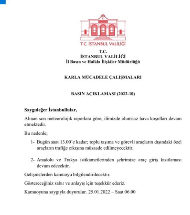 İstanbul'da özel araçlar saat 13.00'e kadar trafiğe çıkamayacak