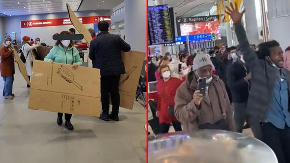 Kar nedeniyle İstanbul Havalimanı'nda mahsur kalan yolculardan 'Otele ihtiyacımız var' protestosu
