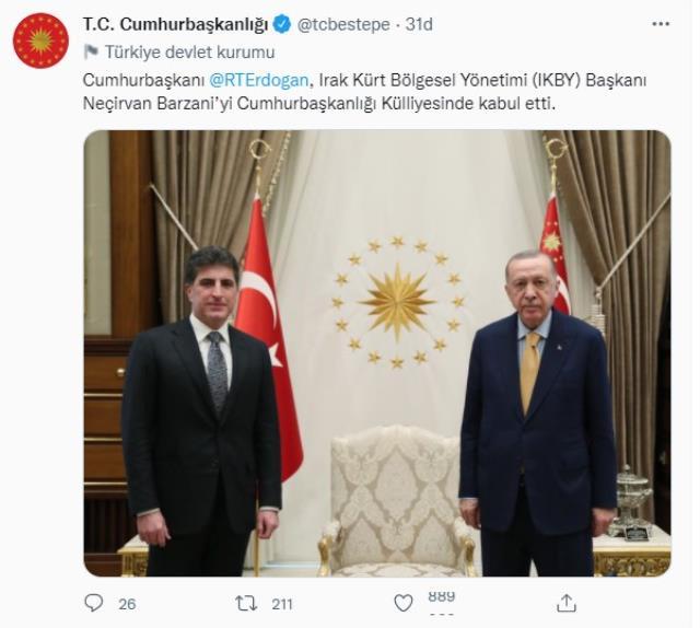 Beştepe'de sürpriz görüşme! Cumhurbaşkanı Erdoğan, IKBY Başkanı Neçirvan Barzani'yi kabul etti