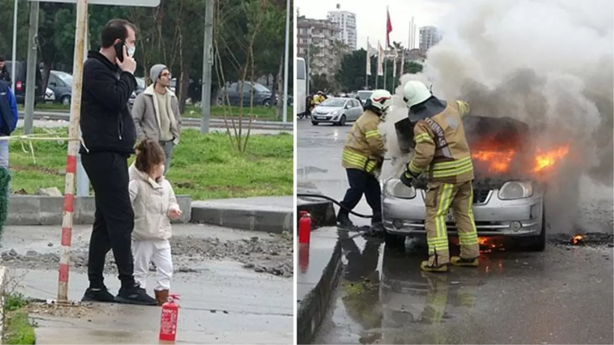 Cayır cayır yanan otomobillerini çaresizce izleyen baba ve kızın hali üzdü