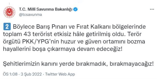 Cizre şehidimizin kanı yerde kalmadı! Barış Pınarı ve Fırat Kalkanı bölgelerinde toplam 43 terörist etkisiz hale getirildi