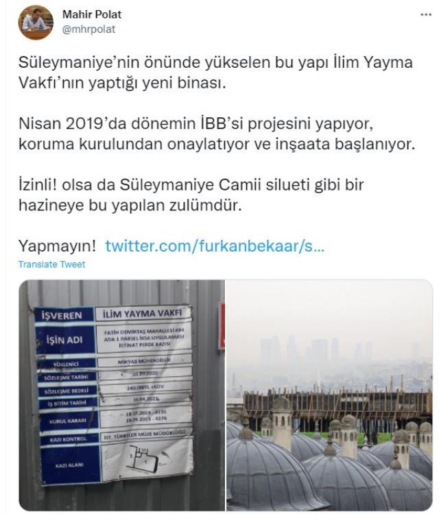 İBB Genel Sekreter Yardımcısı Mahir Polat'tan tepki: Süleymaniye Camisi'ne yapılan zulümdür İBB Genel Sekreter Yardımcısı Mahir Polat'tan tepki: Süleymaniye Camisi'ne yapılan zulümdür