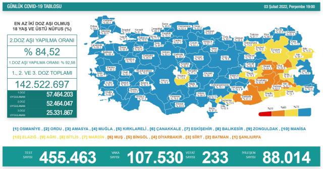 Son Dakika: Türkiye'de 3 Şubat günü koronavirüs nedeniyle 233 kişi vefat etti, 107 bin 530 yeni vaka tespit edildi