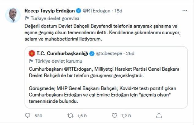 Bahçeli'den Cumhurbaşkanı Erdoğan'a geçmiş olsun telefonu