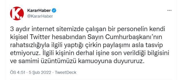 Cumhurbaşkanı Erdoğan hakkında çirkin paylaşımda bulunan internet editörünün işine son verildi