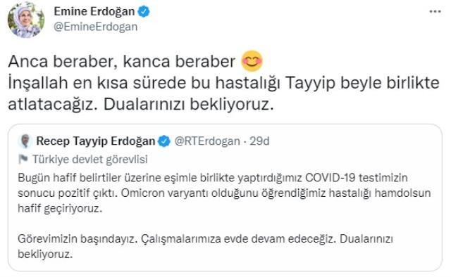 Cumhurbaşkanı Erdoğan'la birlikte koronavirüse yakalanan Emine Erdoğan: Anca beraber kanca beraber