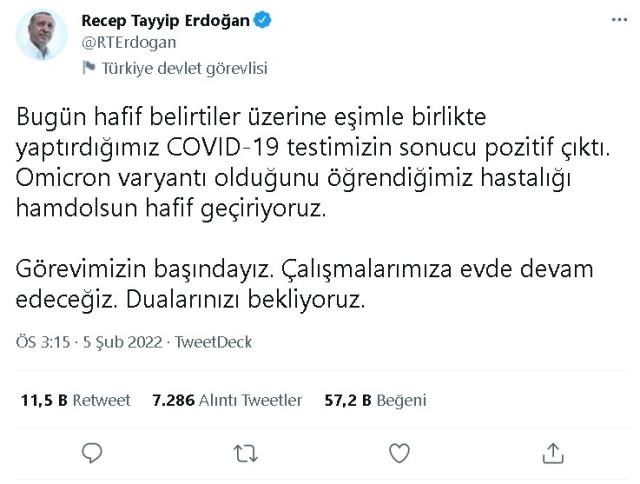 Cumhurbaşkanı koronavirüs açıklaması nedir? 5 Şubat 2022 Cumhurbaşkanı Recep Tayyip Erdoğan omicron mu oldu?