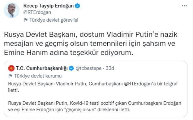 Cumhurbaşkanı Erdoğan'dan geçmiş olsun dileğinde bulunan Putin'e teşekkür mesajı