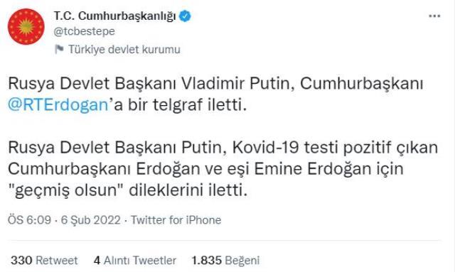 Cumhurbaşkanı Erdoğan'dan geçmiş olsun dileğinde bulunan Putin'e teşekkür mesajı