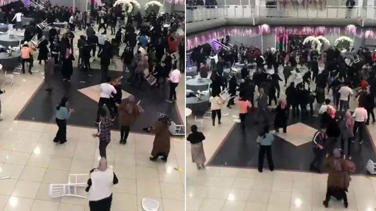 Düğün sahipleri birbirine girdi, ortalık savaş alanına döndü! Sandalyelerin havada uçtuğu anlar kamerada