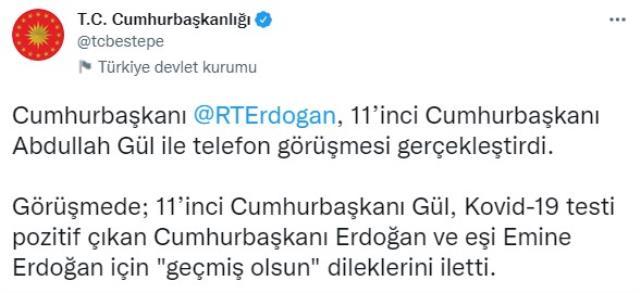 Abdullah Gül, korona olan Cumhurbaşkanı Erdoğan ve eşi Emine Erdoğan'a geçmiş olsun dileklerini iletti