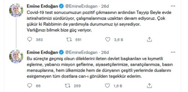 Koronaya yakalanan Erdoğan çiftinin sağlık durumu nasıl? Son açıklama Emine Erdoğan'dan geldi