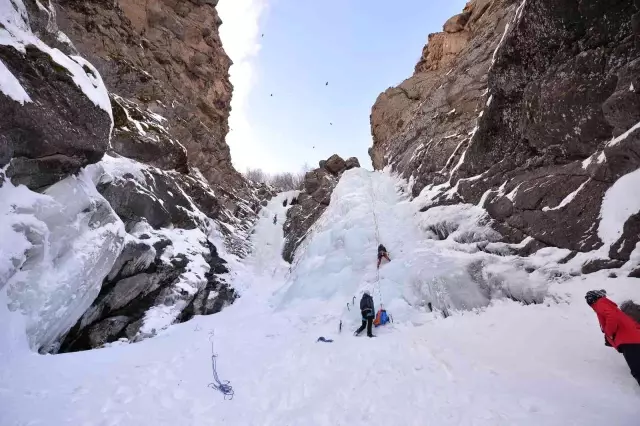 Buz tırmanışı nefes kesti, sporcular 300 metre yükseklikteki şelalelere tırmandı