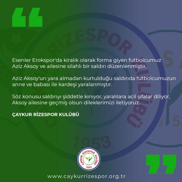 Çaykur Rizespor'un Esenler Erokspor'a kiraladığı futbolcusu Aziz Aksoy ve ailesi silahlı saldırıya uğradı