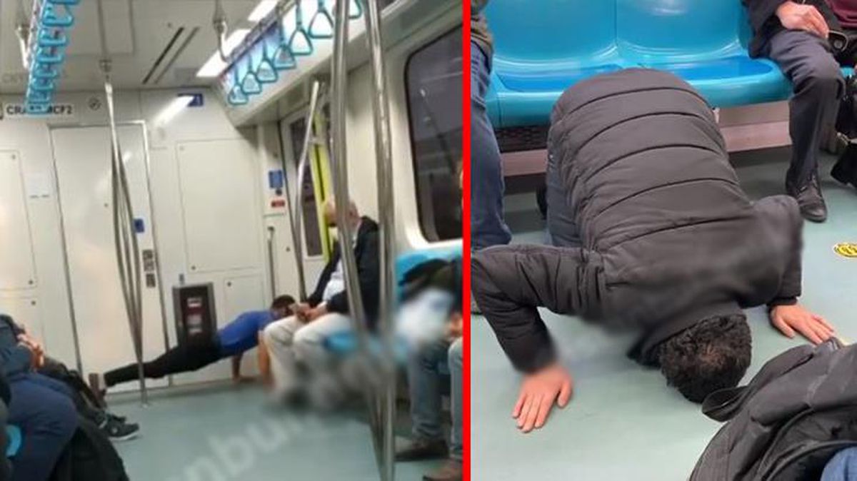 Marmaray'da peş peşe anlam verilemeyen görüntüler! Biri şınav çekti, diğeri yere kapandı