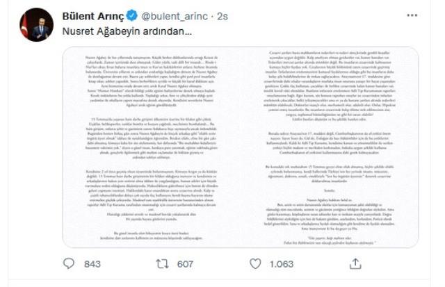 Bülent Arınç'tan FETÖ tutuklusunun ölümünün ardından 2 sayfalık mesaj: Nusret Ağabey hakkını helal et Bülent Arınç'tan FETÖ tutuklusunun ölümünün ardından 2 sayfalık mesaj: Nusret Ağabey hakkını helal et