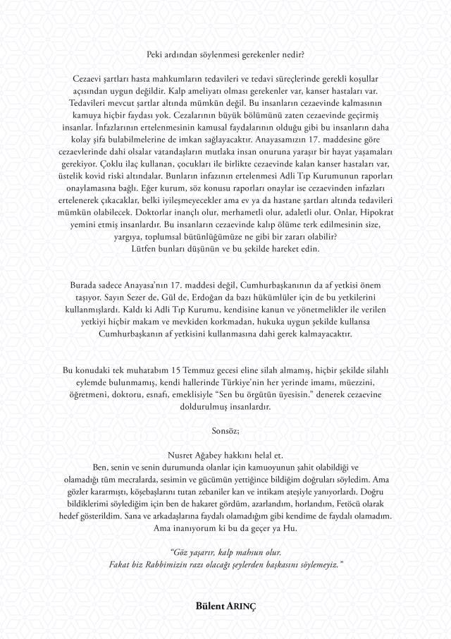 Bülent Arınç'tan FETÖ tutuklusunun ölümünün ardından 2 sayfalık mesaj: Nusret Ağabey hakkını helal et Bülent Arınç'tan FETÖ tutuklusunun ölümünün ardından 2 sayfalık mesaj: Nusret Ağabey hakkını helal et