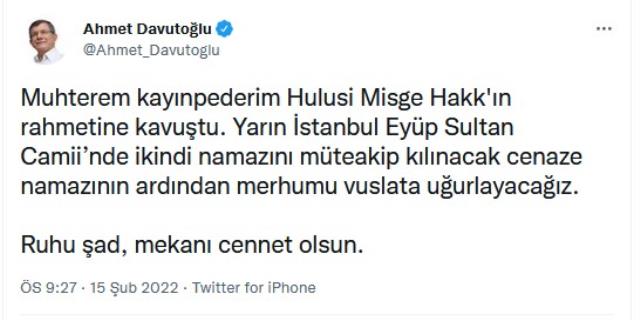 Davutoğlu'nun kayınpederi Hulusi Misge hayatını kaybetti