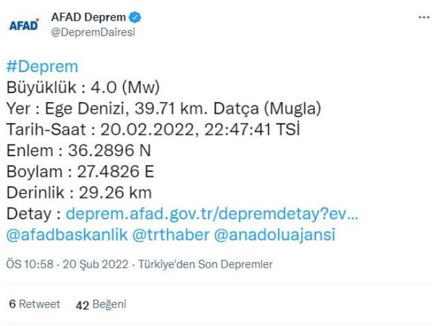 Muğla açıklarında 4 büyüklüğünde deprem