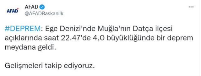 Muğla açıklarında 4 büyüklüğünde deprem