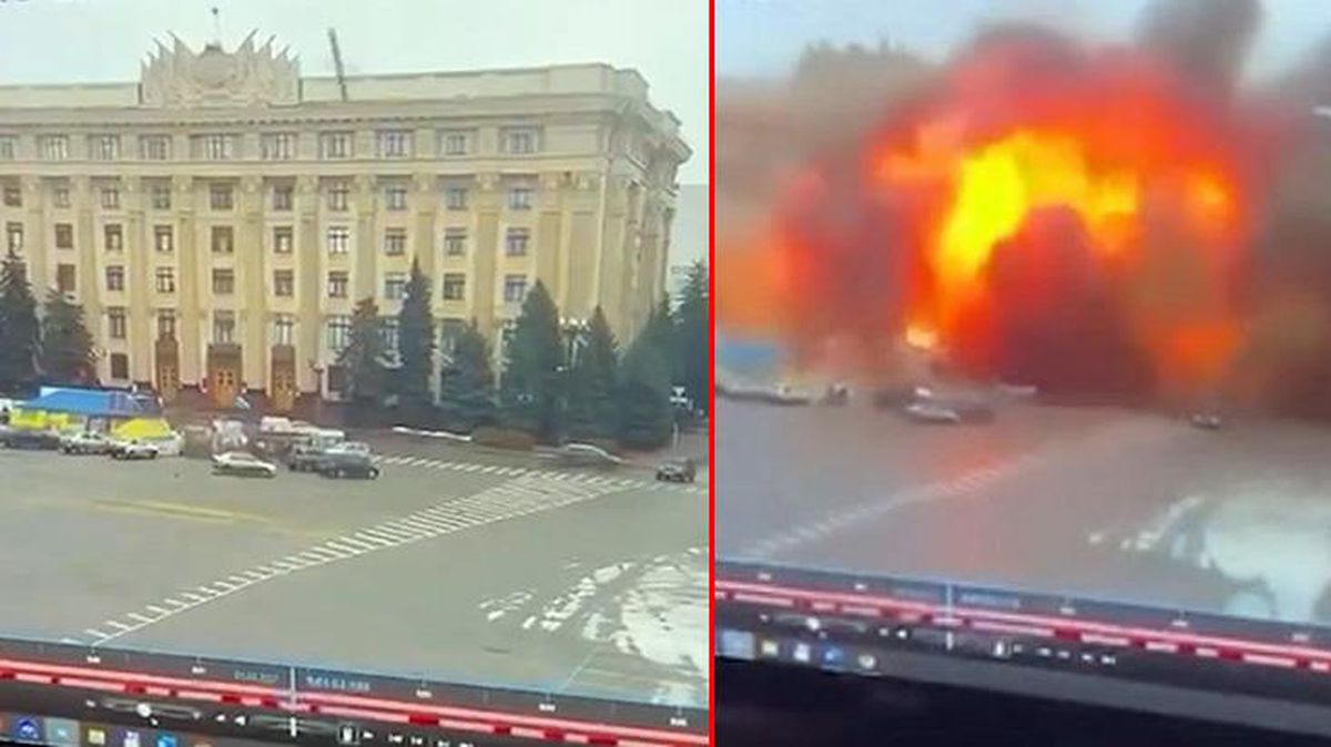 Son dakika! Rus ordusu, Harkov'da belediye binasını füzeyle vurdu! Patlama anı saniye saniye kamerada