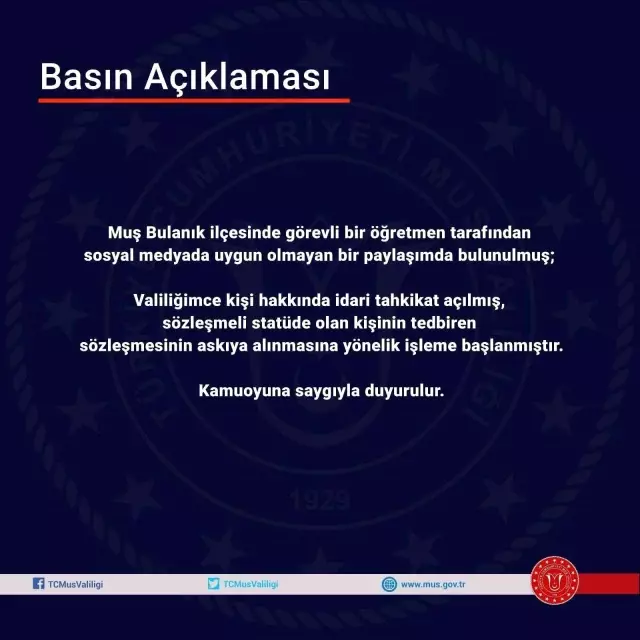Paylaşımıyla tepki çeken öğretmen hakkında işlem başlatıldı