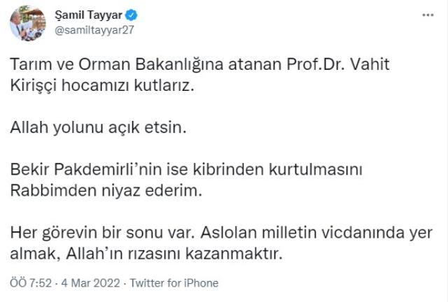 AK Partili Şamil Tayyar'dan istifa eden Bekir Pakdemirli'ye zehir zemberek kelamlar: Kibrinden kurtulmasını niyaz ederim