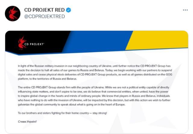 CD Projekt Red, Rusya ve Belarus'taki tüm satışlarını durdurma kararı aldı