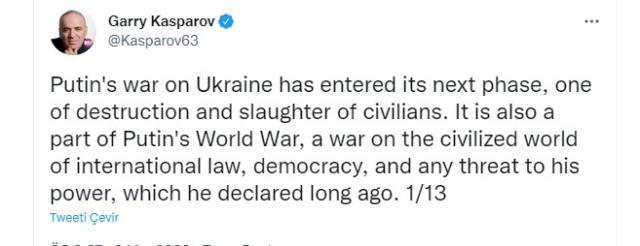 Putin muhalifi ünlü Rus satranççı Garry Kasparov: Putin durdurulmalı, yoksa bir sonraki hedefi nükleer silahlarıyla NATO olacak