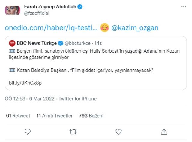 Farah Zeynep Abdullah, Bergen sinemasını yayınlatmayan Kozan Belediye Lideri'ne 'IQ testi' gönderdi