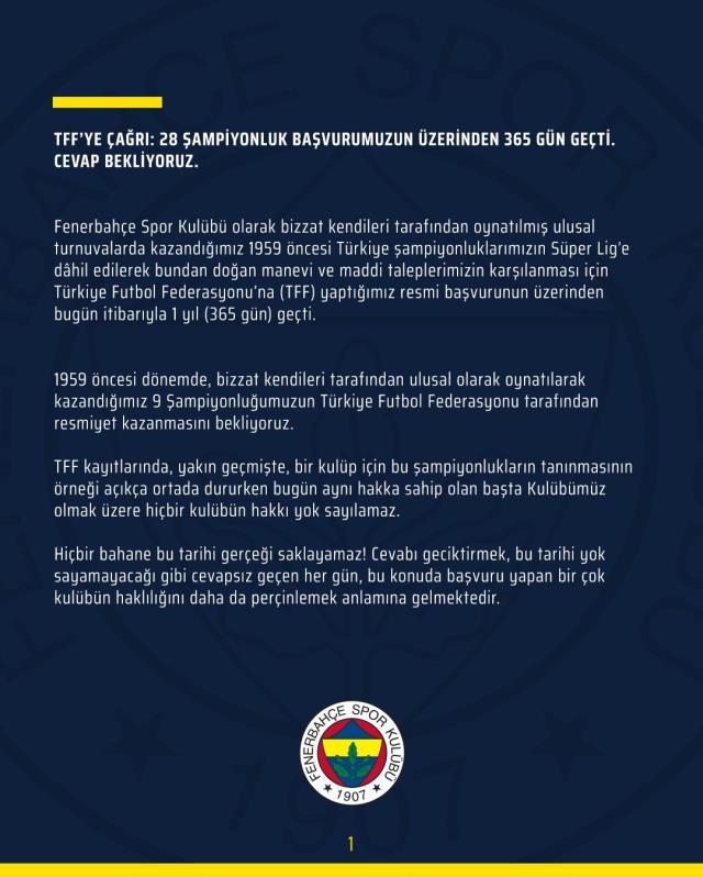 Fenerbahçe'den TFF'ye rest: Şampiyonluk başvurusuna cevap bekliyoruz