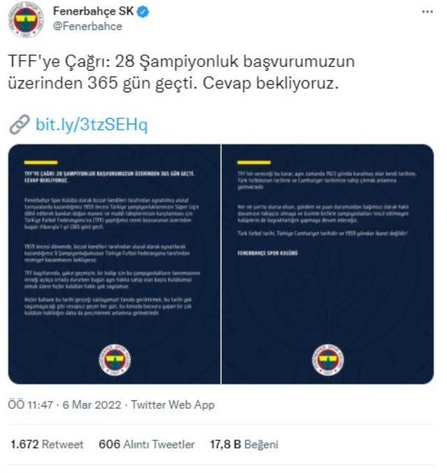 Fenerbahçe'den TFF'ye rest: Şampiyonluk başvurusuna cevap bekliyoruz