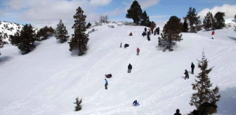 Konya'da piknikçi ailelerin karla kaplı dağlarda kayak keyfi