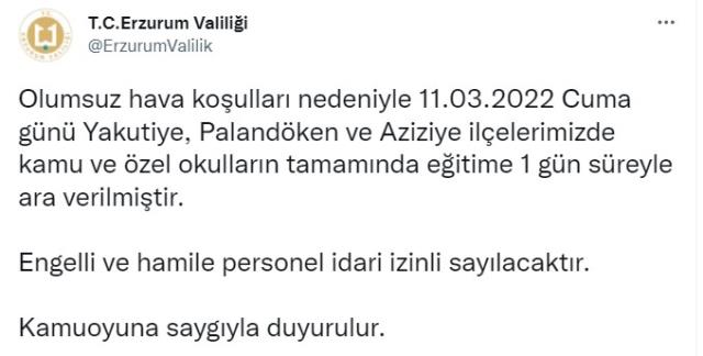 Erzurum'da okullar tatil mi? SON DAKİKA! Erzurum Valiliği açıklaması! Erzurum kar tatili var mı? Erzurum Hava Durumu!