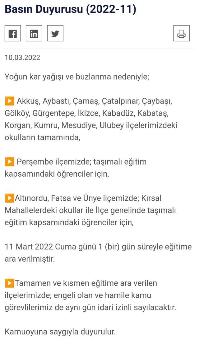 Ordu'da okullar tatil mi? Ordu Valiliği açıklaması! Ordu kar tatili var mı? Ordu Hava Durumu!