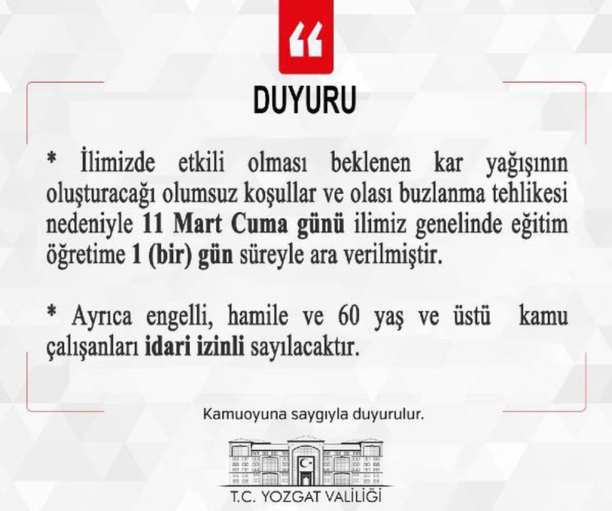 Yozgat�ta eğitime bir gün ara verildi Haberler