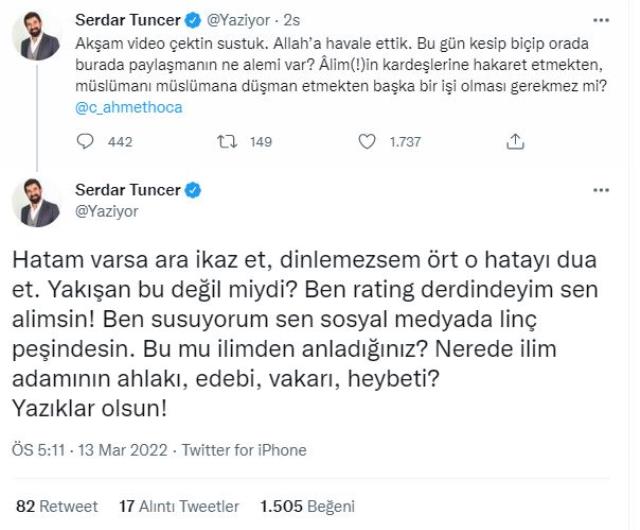 Cübbeli Ahmet ile Serdar Tuncer arasında sert tartışma: Reyting istiyorsan kalçasını açan birini bul