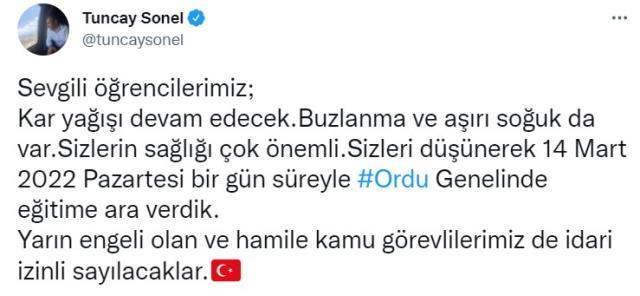 Ordu'da okullar tatil mi? SON DAKİKA 14 Mart Ordu Valiliği açıklaması! Ordu kar tatili var mı? Ordu Hava Durumu!