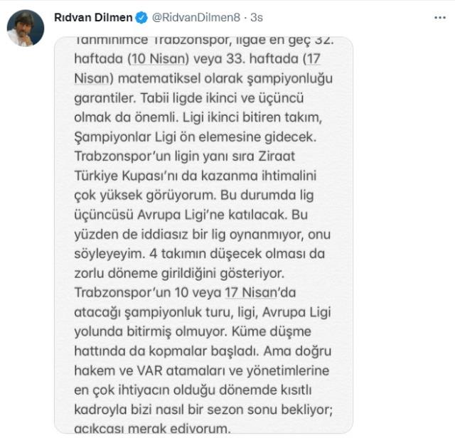 Rıdvan Dilmen, Trabzonspor'un şampiyon olacağı günü verdi: Matematiksel olarak garantiler