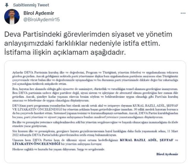 DEVA Partisi'nde şaşırtan ayrılık! Genel Başkan Yardımcısı Birol Aydemir istifa etti DEVA Partisi'nde şaşırtan ayrılık! Genel Başkan Yardımcısı Birol Aydemir istifa etti