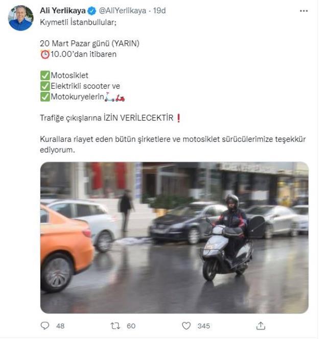 Son Dakika: İstanbul'da yarın saat 10.00'dan itibaren motosiklet, elektrikli scooter ve motokuryelerin trafiğe çıkışına müsaade verilecek