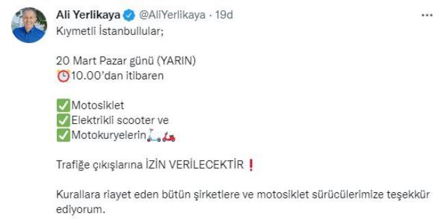 Son Dakika: İstanbul'da yarın saat 10.00'dan itibaren motosiklet, elektrikli scooter ve motokuryelerin trafiğe çıkışına izin verilecek