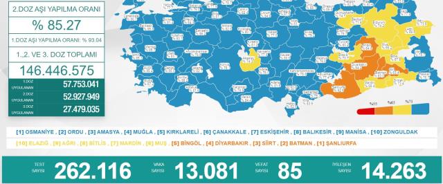 Türkiye'de 20 Mart günü koronavirüs nedeniyle 85 kişi vefat etti, 13 bin 81 yeni hadise tespit edildi