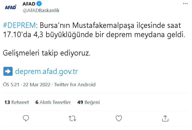 Bursa'da deprem mi oldu? 22 Mart Salı 2022 nerede deprem oldu? Depremin merkez üssü neresi, hangi ilçe?